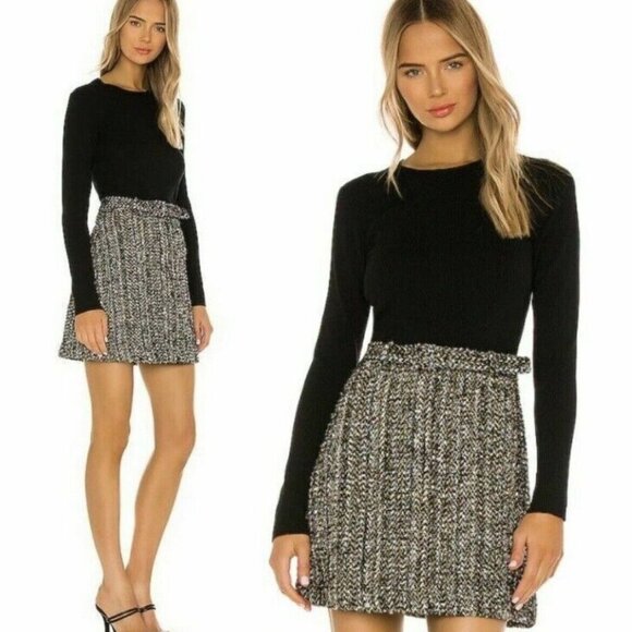 THEORY Long-Sleeve Wool-Blend-Knit/ Tweed Combo Mini Dress Black Multi M $475 - Picture 1 of 12